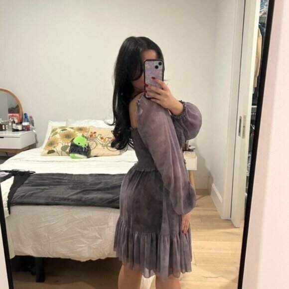 Wilfred Aritzia Tempest Mini Dress Smocked bodice Chiffon Puff Sleeve Purple - Picture 9 of 16